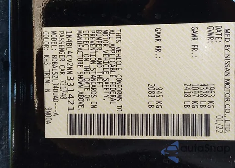 2022 Nissan Altima Sr Fwd from USA, damaged, VIN 1N4BL4CV2NN331421